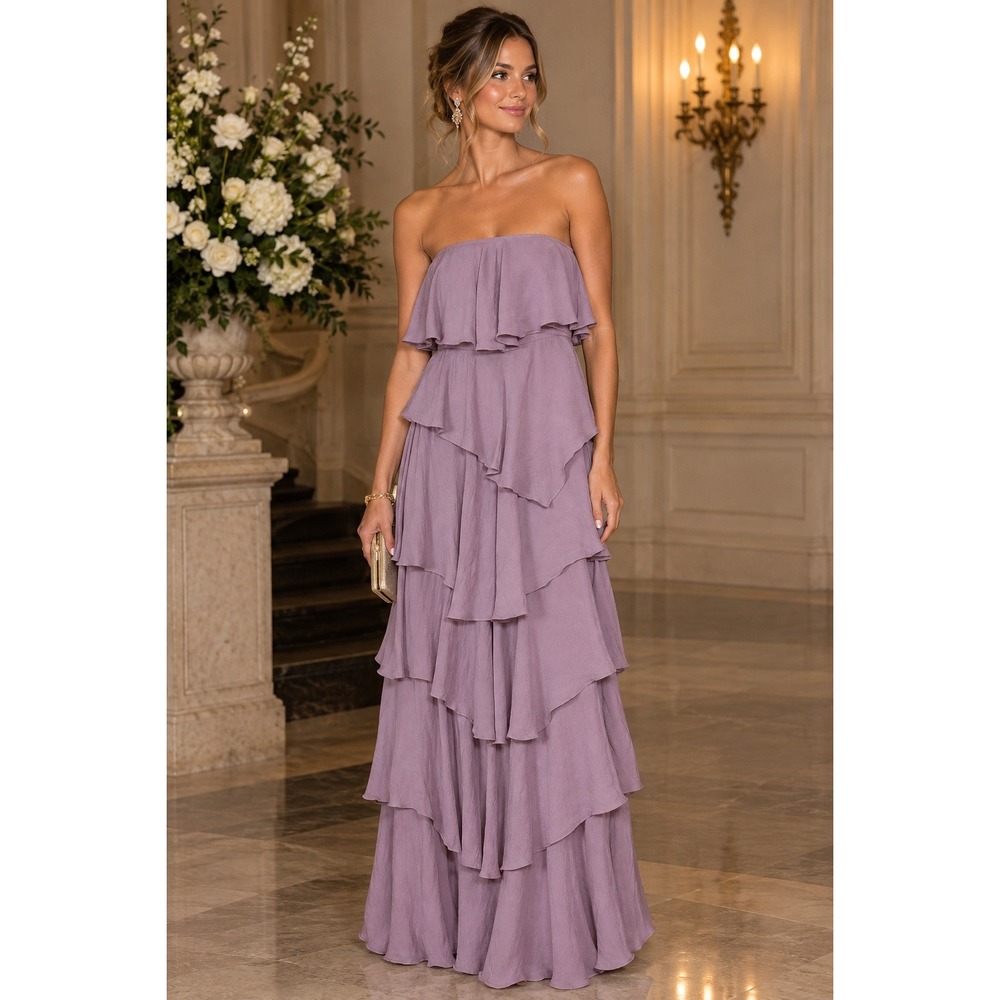Majorelle XXS Purple Strapless Ruffle Tiered Maxi Formal Cocktail Evening Dress